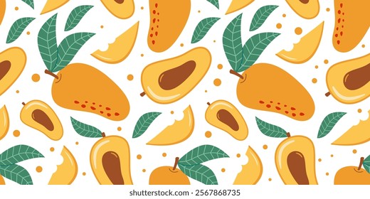 Seamless horizontal vector pattern featuring vibrant illustrations of ripe mango, halved mangoes with pit and lush green leaves. Vector illustration in Flat design for Print for fabric, textile