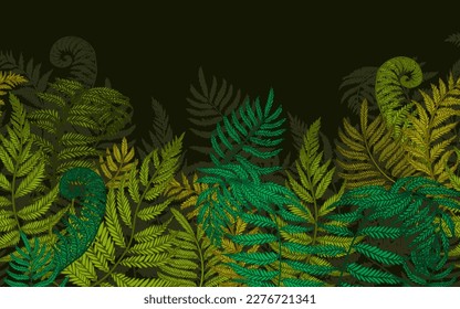 Seamless horizontal vector pattern of fern bushes