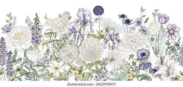 Seamless horizontal vector pattern garden flowers. Peonies, roses, tulips, lilies, dahlias, bells, cornflowers, irises, lupins, periwinkle, chicory, chrysanthemum, cosmos