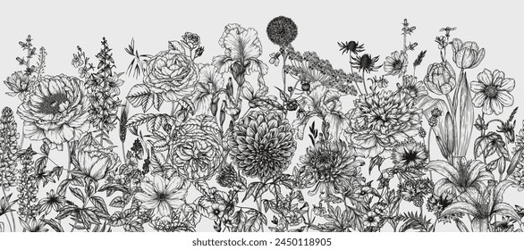 Seamless horizontal vector pattern garden flowers. Peonies, roses, tulips, lilies, dahlias, bells, cornflowers, irises, lupins, periwinkle, chicory, chrysanthemum, cosmos