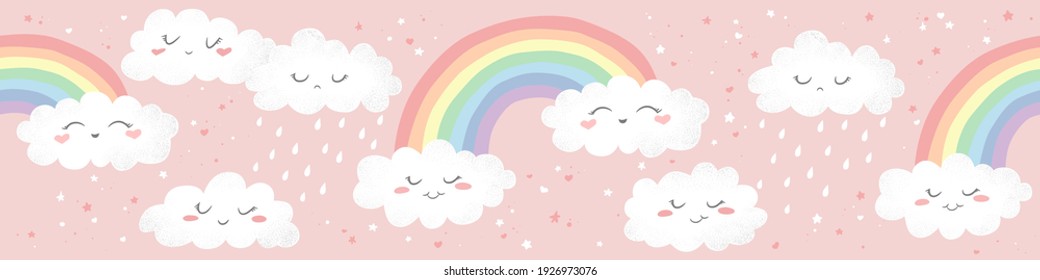 Seamless horizontal vector pattern with hand drawn cute cartoon rainbows, clouds and stars isolated on pink background. Design for print, fabric , wallpaper, card, baby shower