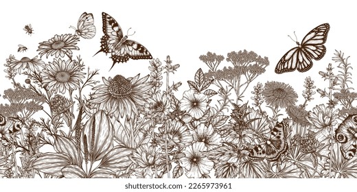 Seamless horizontal vector pattern of medicinal herbs, butterflies and bees. Linear chamomile, chicory, clover, lavender, plantain, valerian, echinacea, rosehip, coltsfoot, ginkgo, nettle