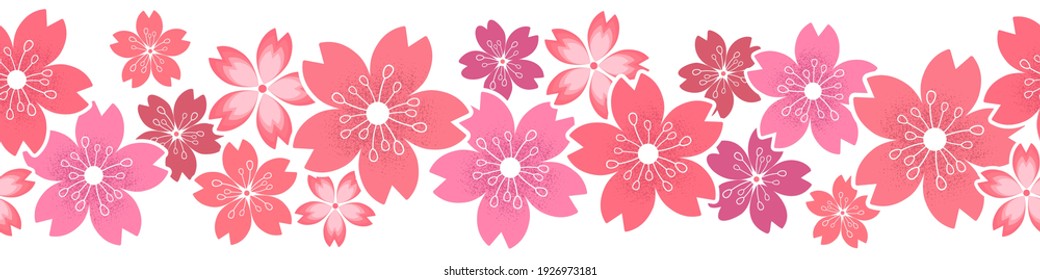 Seamless horizontal vector pattern with pink cherry flowers isolated on white background. Floral sakura design for greeting card, invitation, brochure, cover, wallpaper, flyer