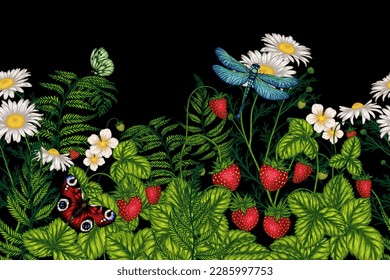 Seamless horizontal vector pattern summer forest. Strawberry, chamomile, fern, butterfly, dragonfly