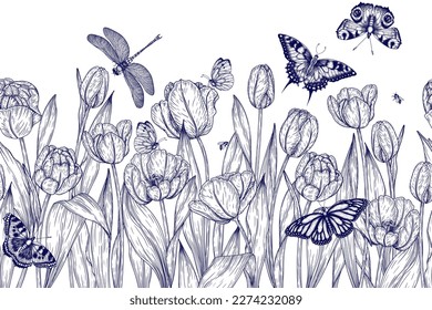 Seamless horizontal vector pattern tulip garden and insects butterflies, bees, dragonfly