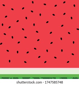 Seamless horizontal watermelon pattern. Red watermelon flesh with black seeds and a striped green rind. Vector stock flat pattern for textiles, Wallpaper, wrapping paper.