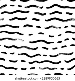Seamless horizontal wave pattern. Dashed curved lines, grunge smears. Wavy brush strokes seamless pattern. Calligraphy curved smears. Abstract geometric background. Japanese style illustration.