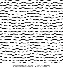 Seamless horizontal wave pattern. Dashed curved lines, grunge smears. Wavy brush strokes seamless pattern. Calligraphy curved smears. Abstract geometric background. Japanese style illustration.