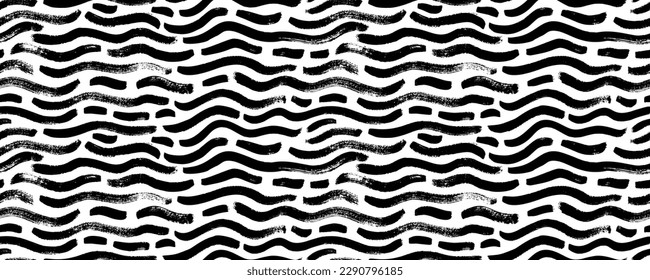 Seamless horizontal wave pattern. Dashed curved bold lines, grunge smears. Wavy brush strokes seamless banner. Calligraphy curved smears. Abstract geometric background. Japanese style illustration.