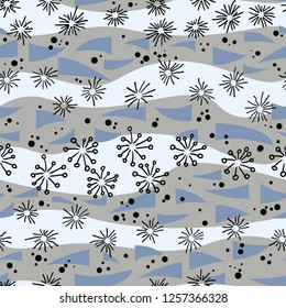 Seamless horizontal wavy lines. On a light background are scattered abstract shapes resembling flowers and triangles. Printing on textiles. Vector illustration