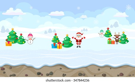 Seamless horizontal winter background with Christmas characters for video game