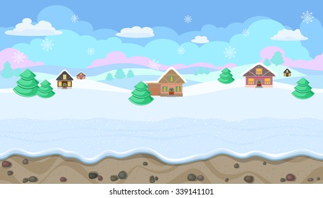 Seamless horizontal winter background with hills and houses for Christmas game