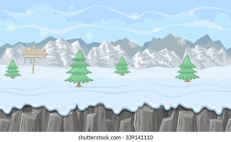 Seamless horizontal winter background with mountains and firs for video game