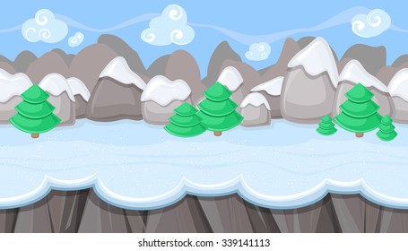 Seamless horizontal winter background with round mountains for video game