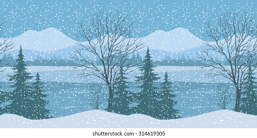 Seamless Horizontal Winter Christmas Mountain Woodland Landscape with River, Trees Silhouettes and Snowflakes. Vector