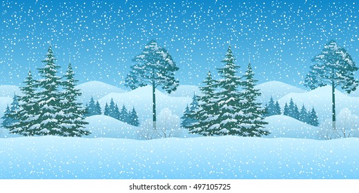 Seamless Horizontal Winter Christmas Mountain Woodland Landscape with Coniferous Trees and Snowflakes. Eps10, Contains Transparencies. Vector