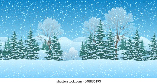 Seamless Horizontal Winter Christmas Mountain Woodland Landscape with Trees and Snowflakes. Eps10, Contains Transparencies. Vector