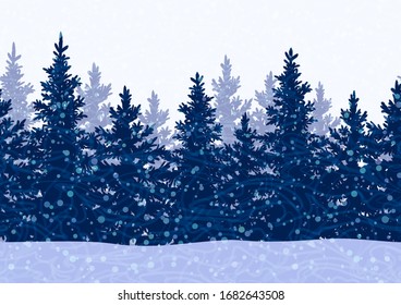 Seamless Horizontal Winter Landscape with Christmas Coniferous Trees and Snowflakes, Tile Holiday Background. Vector