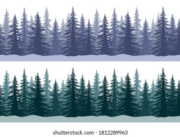 Seamless Horizontal Winter Landscapes with Christmas Coniferous Trees and Snowflakes, Tile Holiday Background. Vector.