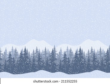 Seamless horizontal winter mountain landscape with fir trees and snow, silhouettes. Vector