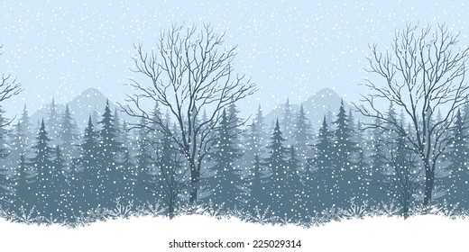 Seamless horizontal winter mountain landscape with trees and snow, silhouettes. Eps10, contains transparencies. Vector