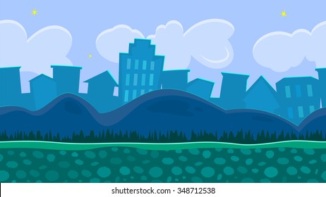 Seamless horizontally background for a simple game, night scene urban landscape with hills, editable vector illustration
