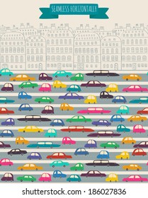 The seamless horizontally pattern with cute colorful cars on a road.