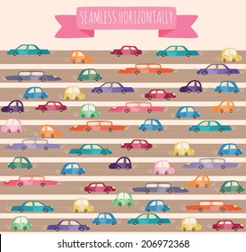 The seamless horizontally pattern with cute colorful cars on a road.