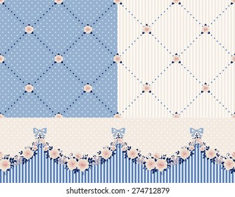 Seamless horizontally pattern with garlands of roses and polka dot rhombus vintage backgrounds. Vector floral set.