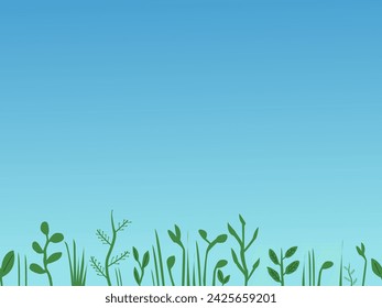 Seamless horizontally, simple backdrop with clear blue sky and several greens in the bottom: grass and plants.
