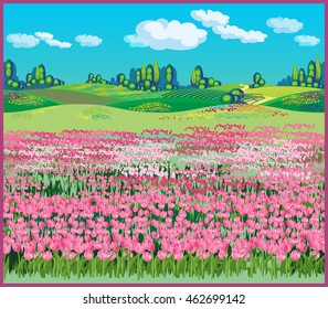 Seamless horizontally vector illustration of the vast fields of tulips in the beautiful countryside