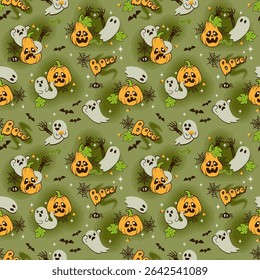 Seamless horror pattern for Halloween in cute retro style with scary ghosts, vampire bat, spider, cobweb and spooky pumpkins on green swamp background. Pattern for fabric, paper, textile, card design