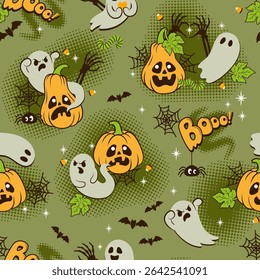 Seamless horror pattern for Halloween in cute retro style with scary ghosts, vampire bat, spider, cobweb and spooky pumpkins on green swamp background. Pattern for fabric, paper, textile, card design