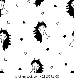 Seamless horse head and stars pattern. Background vector illustration, wild west concept.