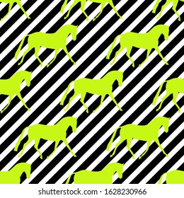 Seamless horse pattern. Realistic green neon vector silhouette, flat style. Black and white diagonal background.