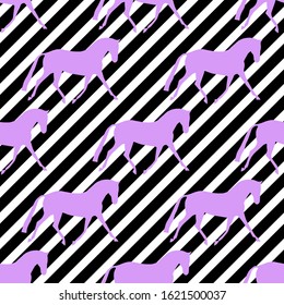Seamless horse pattern. Realistic lilac neon vector silhouette, flat style. Black and white diagonal background.