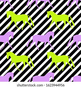 Seamless horse pattern. Realistic lilac and green neon vector silhouette, flat style. Black and white diagonal background.