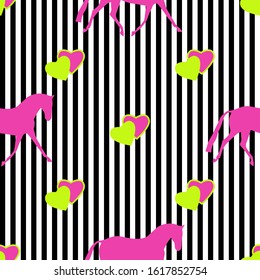 Seamless horse pattern. Realistic neon vector silhouette with hearts, flat style, Valentine day. Black and white stripe vertical background. 