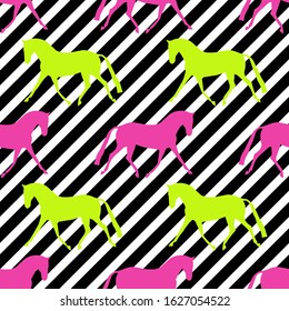 Seamless horse pattern. Realistic pink and green neon vector silhouette, flat style. Black and white diagonal background.