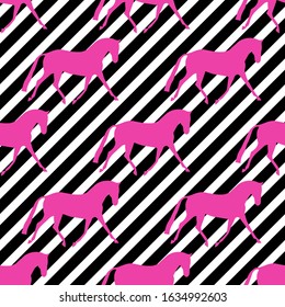 Seamless horse pattern. Realistic pink neon vector silhouette, flat style. Black and white diagonal background.