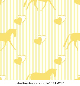 Seamless horse pattern. Realistic vector silhouette, flat style. Pastel  yellow vertical background. 