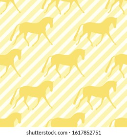 Seamless horse pattern. Realistic vector silhouette, flat style. Pastel yellow stripe diagonal background.