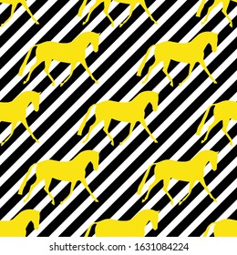 Seamless horse pattern. Realistic yellow neon vector silhouette, flat style. Black and white diagonal background.