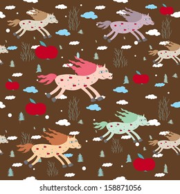 Seamless horse pattern | Vintage pattern with funny horses, clouds and apples