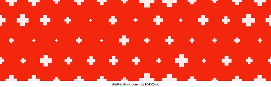 Seamless hospital background with plus symbols. White symbol of medicine on a red background. Vector illustration

