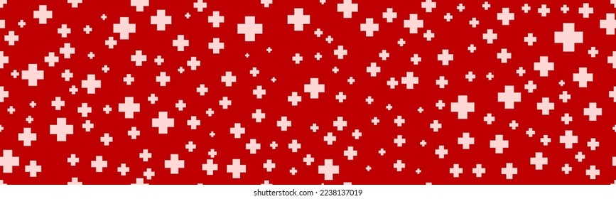Seamless hospital background with plus symbols. White symbol of medicine on a red background. Vector illustration