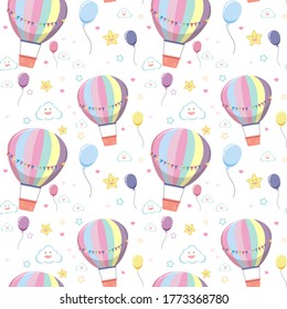 Seamless hot air balloon with cloud and star pattern on white background illustration