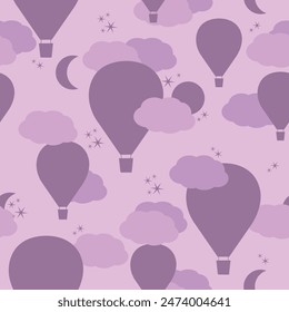 Seamless hot air balloon pattern with moon, clouds and stars. Pastel purple soft color design for wallpaper , kids bedroom, curtains, texture, wrapping paper, textiles, fabric and cards