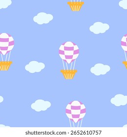 Seamless hot air balloon pattern with clouds repeat pattern, flat vector illustration design. Cartoon hot air balloons in the sky for fabric, wallpaper, stationery, wrapping, card, and phone cases.