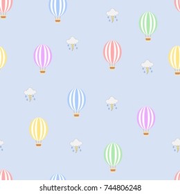 Seamless hot air balloon pattern with stormy clouds